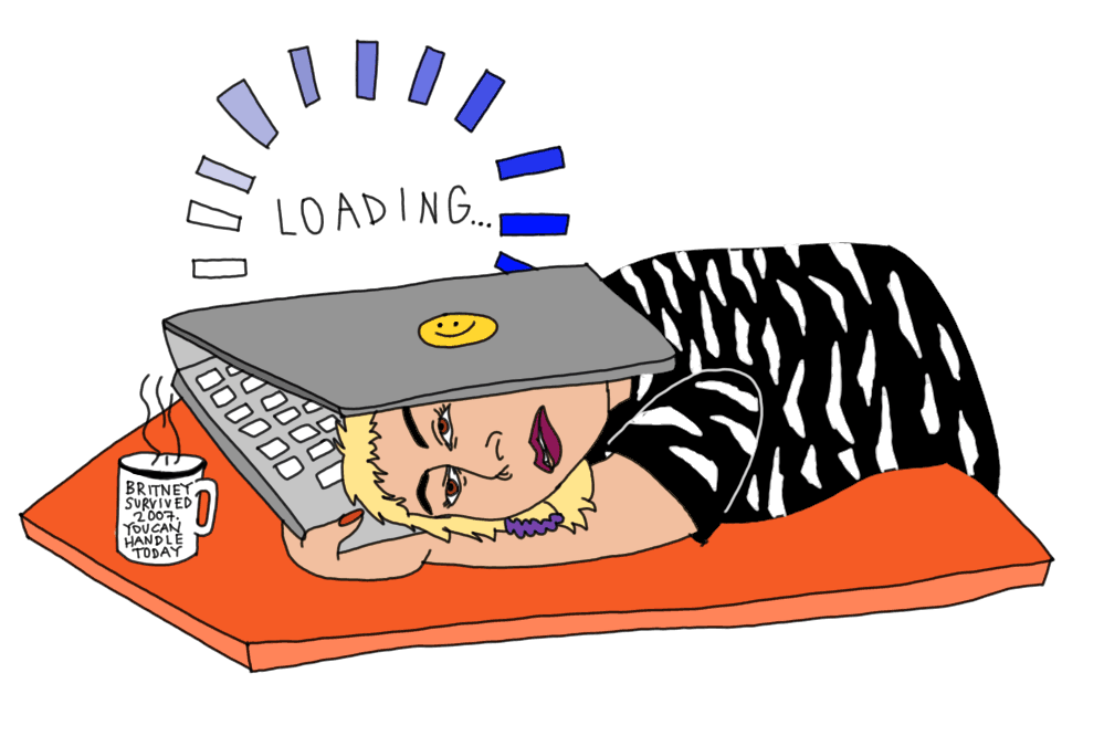 A woman's head sandwiched inside a laptop next a loading sign and a mug that readsBritney survived 2007. You can handle...